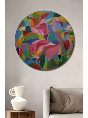 Teona Ahşap Canlı Renkler Eşliğinde Iki Sevimli Flamingo Yağlı Boya Görünümlü Ahşap Tablo Yuvarlak Tablo