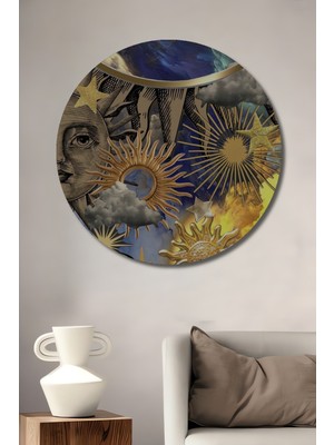 Teona Ahşap Gökyüzü Güneş Yıldız Yağlı Boya Görünümlü Soyut Sanat Ahşap Dekoratif Tablo Yuvarlak Tablo