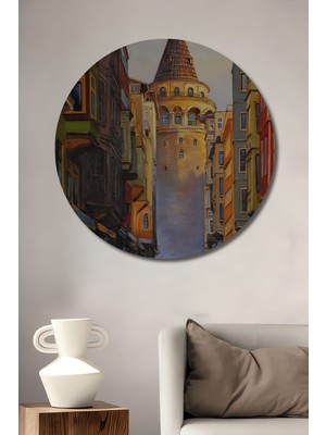 Teona Ahşap Galata Kulesi Sulu Boya Görünümlü Ahşap Dekoratif Tablo Yuvarlak Tablo