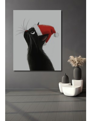 Teona Ahşap Siyah Kedi Noel Baba Şapkasıyla Suluboya Görünümlü Dekoratif Ahşap Tablo Dikdörtgen Tablo