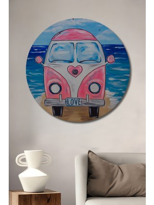 Teona Ahşap Pembe Aşk Kamyoneti Sulu Boya Görünümlü Dekoratif Ahşap Tablo Yuvarlak Tablo