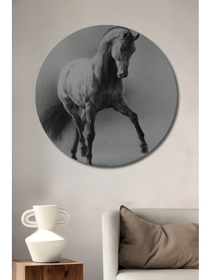 Teona Ahşap Asil At Kara Kalem Görünümlü Ahşap Dekoratif Tablo Yuvarlak Tablo