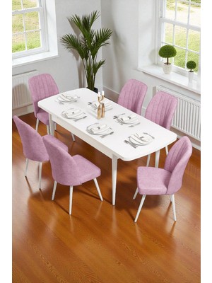 Baresmu Bara Beyaz 80X132 Açılabilir Sunta Masa Yemek Odası Takımı, Mutfak Takımı 6 Adet Sandalye