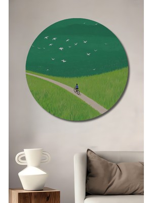 Teona Ahşap Bisikletli Adam ve Özgür Kuşlar Sulu Boya Görünümlü Ahşap Dekoratif Tablo Yuvarlak Tablo