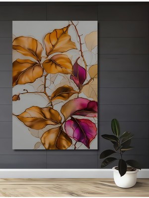 Teona Ahşap Sulu Boya Görünümlü Altın Yapraklar Ahşap Dekoratif Tablo Dikdörtgen Tablo