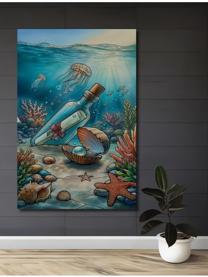Teona Ahşap Denizlerin Sırrı Incili Şişe Sulu Boya Görünümlü Sanat Tablosu Dikdörtgen Tablo