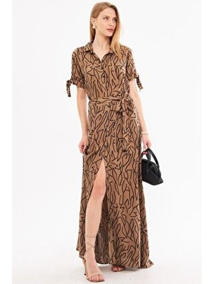 Armonika Kadın Vizon Kolu Bağlamalı Beli Kuşaklı Gömlek Elbise ARM-23Y001004