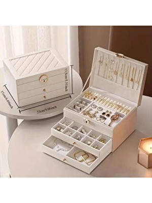 Home Luxe Modern Takı Mücevher Kutusu Organizer Büyük 3 Katlı Kilitli Anahtarlı Suni Deri