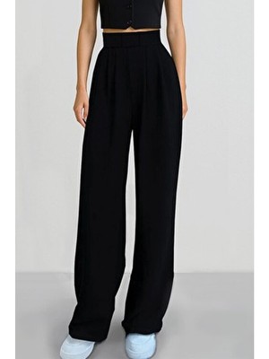 Alinda Kadın Cırtlı Yüksek Bel Palazzo Pantolon Orta Kalınlıkta Kumaş Düz Desenli