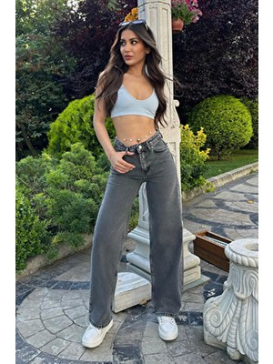 Bikelife Kadın Füme Wide Leg Jeans Yüksek Bel Denim 44 Beden Günlük Kullanım İçin Rahat