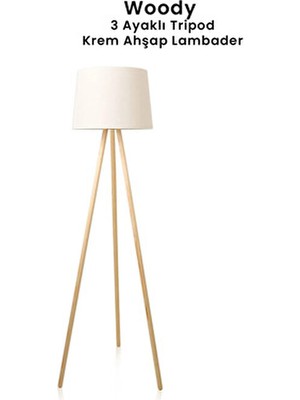 Marrien Woody 3 Ayaklı Tripod Krem Ahşap Lambader  Oturma Odası & Yatak Odası & Salon Lambader