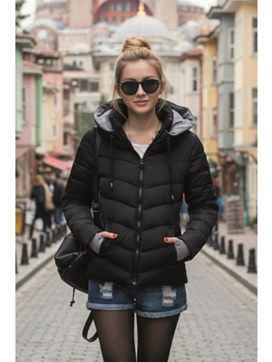 1Tarz Kadın Su Geçirmez Şişme Mont Siyah V Yaka Günlük Kullanım İçin Regular Fit