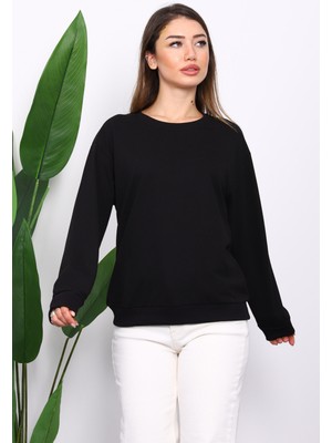 İmaj Butik Kadın Siyah İki İplik Bisiklet Yaka Sweatshirt Uzun Kol Ekstra Rahat Tasarım