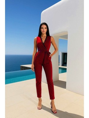 Etiler Collection Kadın Kruvaze Yaka Dantel Güpür ve Kuşak Detay Tulum