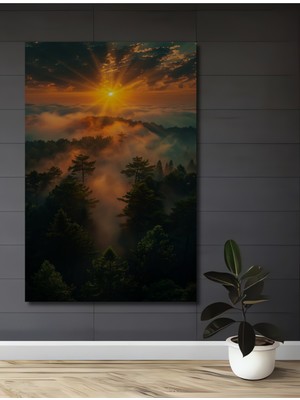 Teona Ahşap Gün Batımı Ormanı Yağlı Boya Görünümlü Ahşap Dekoratif Tablo Dikdörtgen Tablo
