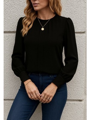 Gökyüzü Moda Kadın Uzun Kollu Bisiklet Yaka Pileli Ithal Krep Bluz