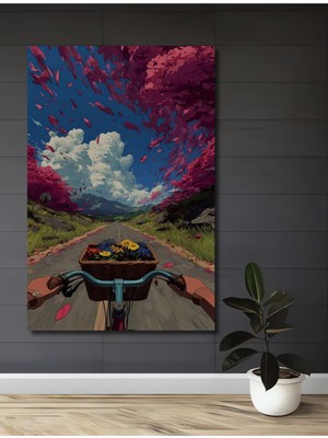 Teona Ahşap Pembe Çiçekler Arasında Bisiklet Yolculuğu Yağlı Boya Görünümlü Ahşap Tablo Dikdörtgen Tablo