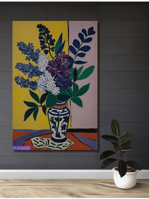 Teona Ahşap Mor ve Mavi Çiçekler Yağlı Boya Görünümlü Modern Sanat Dekoratif Ahşap Tablo Dikdörtgen Tablo