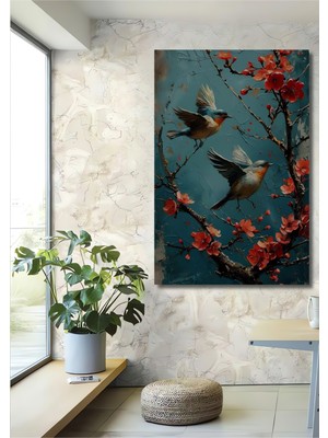 Teona Ahşap Baharda Uçan Kuşlar Yağlı Boya Görünümlü Ahşap Dekoratif Tablo Dikdörtgen Tablo