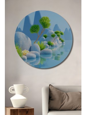 Teona Ahşap Minimalist Ahşap Dekoratif Tablo Deniz Manzarası Sulu Boya Görünümlü Sanat Eseri Yuvarlak Tablo