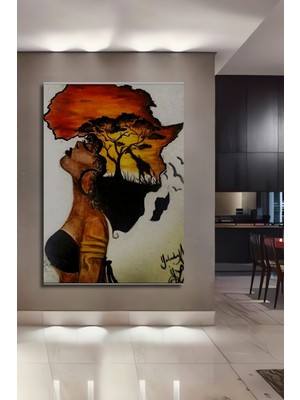Teona Ahşap Afrika Kıtası Tasvirli Kadın Portresi Sulu Boya Görünümlü Dekoratif Ahşap Tablo Dikdörtgen Tablo