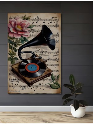 Teona Ahşap Romantik Nostaljik Müzik Gramofon Çiçek Sulu Boya Görünümlü Ahşap Dekoratif Tablo Dikdörtgen Tablo