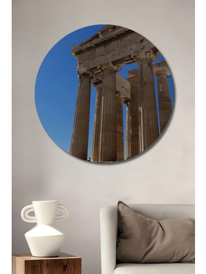 Teona Ahşap Antik Yunan Parthenon Eseri Yağlı Boya Görünümlü Ahşap Dekoratif Tablo Yuvarlak Tablo