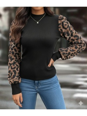 La Mode Istanbul Kadın Uzun Kollu Yarı Balıkçı Yaka Leopar Detaylı Kaşkorse Bluz