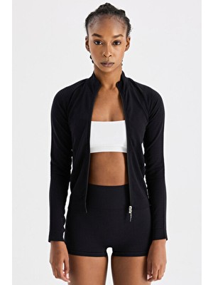 Dikişsiz Fermuarlı Spor Ceket Siyah