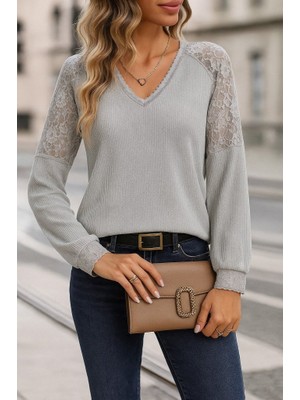 Moderie Butik Kadın Uzun Kollu V Yakalı Dantelli Waffle Bluz