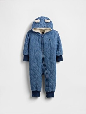 Gap Bebek Mavi Kapitone Denim Cozy Tulum Kolsuz Kapüşonlu Uzun Kol Regular Kesim