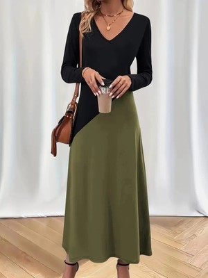 Moderie Butik Kadın Uzun Kollu V Yakalı Blok Desenli Viskon Elbise