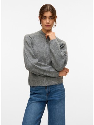 Vero Moda Fermuarlı Yaka Normal Gri Kazak Kadın Vmbang Ls Hıgh Neck Zıp Cardıgan Bo