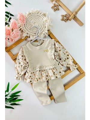 Miniğimin Cicileri Kalp Işleme Bağcık Detaylı Kız Bebe 2 li takım - Krem