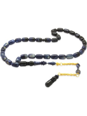 Tesbihane Altın Renk 925 Ayar Gümüş Püskül Imamesı Usta Işçilikli Kapsül Kesim Süzme Mavi Siyah Katalin Tesbih