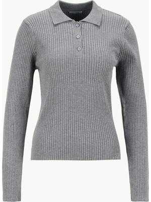 Mustang Polo Yaka Basic Düz Gri Kazak Kadın M5WL-KZK1078