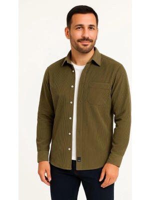 Moderie Butik Erkek Fitilli Kadife Cepli Gömlek Oversize Rahat Kalıp - Haki