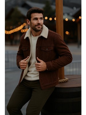 Comstar Erkek Kışlık Kalın Günlük Içi Kürk Kahve Kot Ceket