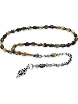 Tesbihane Ateş Kehribar Tesbih - Kararmaz Metal Arnavut Püsküllü - Mini Boy - Siyah Beyaz Renk - Arpa Kesim