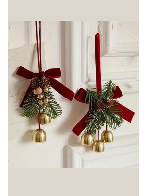 Trade Bazaar Kırmızı & Altın Noel Kapı Süsü | İkili Çan ve Bordo Kurdele Detaylı Çam Kozalaklı Yılbaşı Kapı Çelengi (1 Adet)
