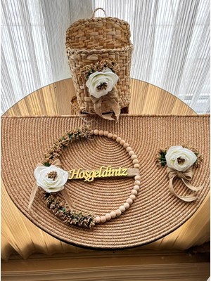 Gold Tasarım Rustik Karşılama Seti (Kapı Süsü + Tasarım Paspas + Dekoratif Sepet)