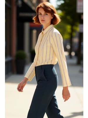 PayBuy Kadın Çizgili Belden Ayarlanabilir Gömlek Fonksiyonel Dayanıklı Kaliteli Konforlu Estetik Şık