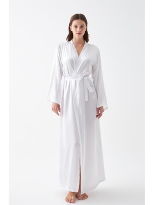 Modaserdem  Kadın Uzun Beyaz Saten Sabahlık