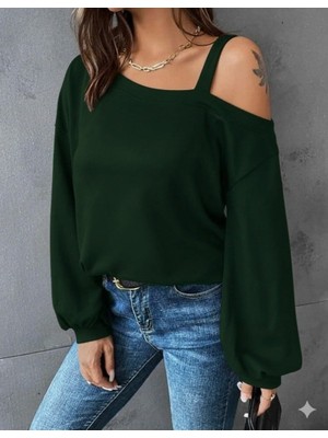 Moderie Butik Kadın Uzun Kollu Tek Omuz Askı Detay Salaş Viskon Iki Iplik Bluz