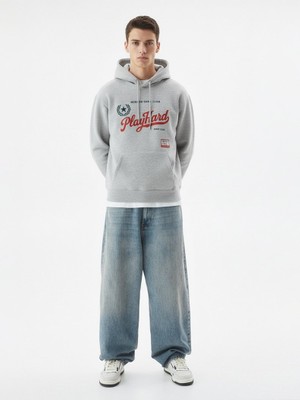 LTB Uzun Kollu Kapüşonlu Slogan Baskılı Gri Sweatshırt