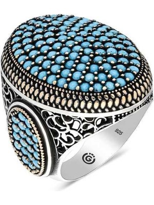 Gumush Hk Gümüş Erkek Yüzük Turkuaz Zirkon Taşlı Oval |Gümüş Takı Hediyelik Ürünler