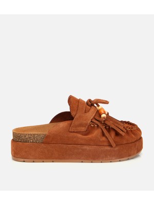 Hotiç Kadın Süet Deri Taba Püsküllü Kalın Tabanlı Terlik