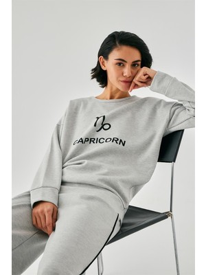 Modaserdem  Kadın Gri Oğlak Burcu Oversize 2 Iplik Eşofman Ev Giyim Takımı