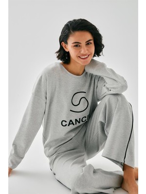 Modaserdem  Kadın Gri Yengeç Burcu Oversize 2 Iplik Eşofman Ev Giyim Takımı