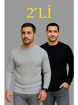 Velmora Fashion Erkek Fitilli Triko Kazak 2 Li Set - Siyah & Gri, Kalın Dokuma Pamuklu Regular Fit Bisiklet Yaka Uzun Kollu Rahat Kışlık Kazak Kombini